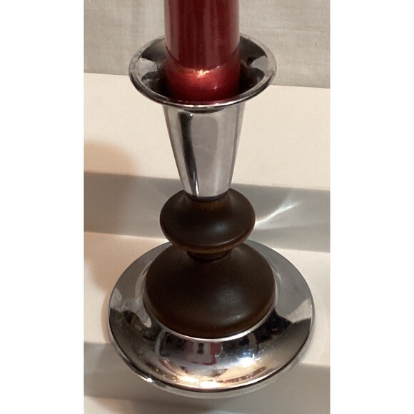 Kromex Teakwood & Metal Taper Candlestick Holders 4.5" MCM USA Vintage - Picture 12 of 14